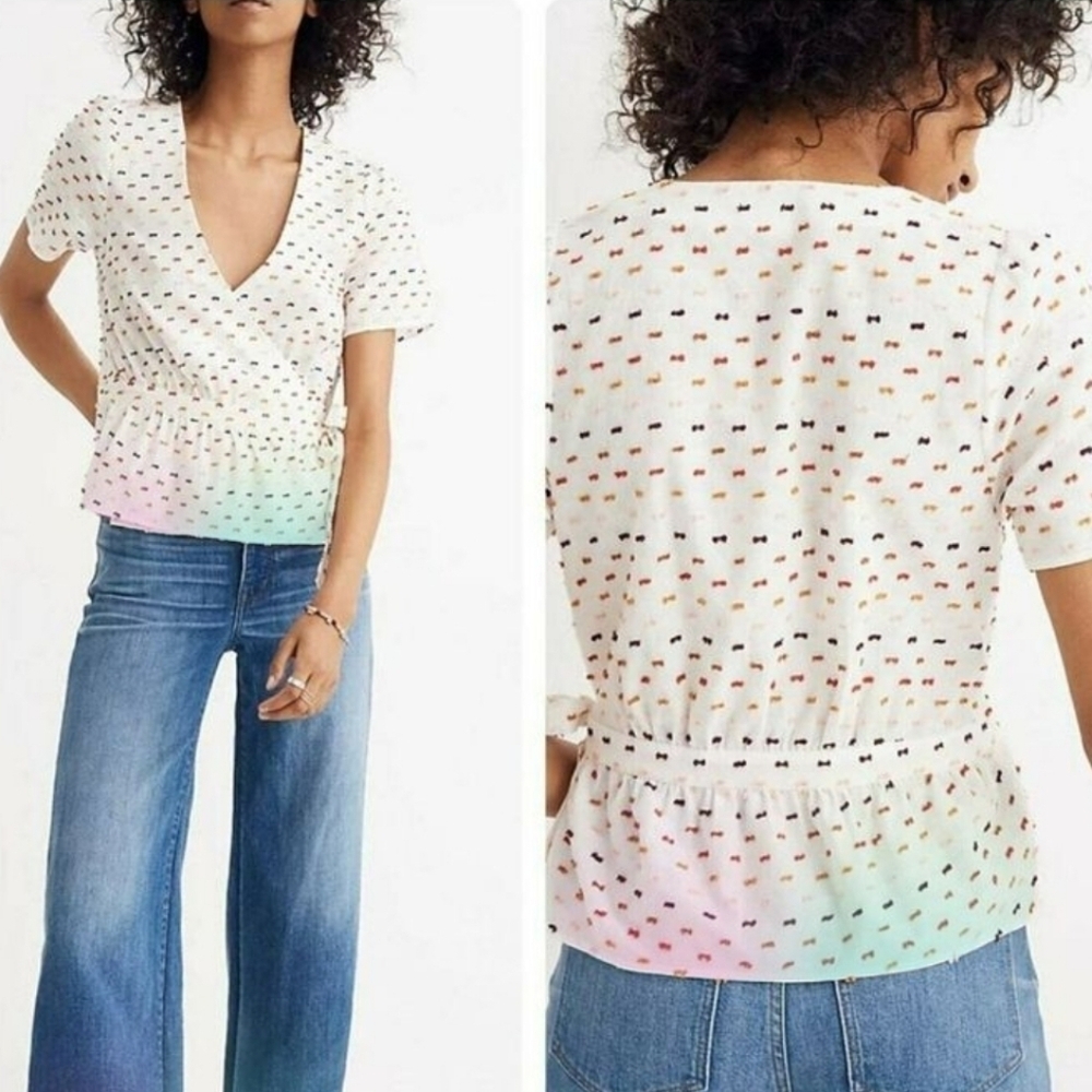 Madewell ruffle hem White Wrap Top Multicolor textured Dots medium